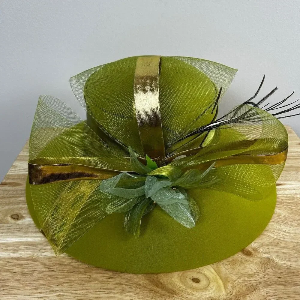 Donna Vinci Womens Lime Green Church Hat Wide Brim Feather Bow Beaded Trim